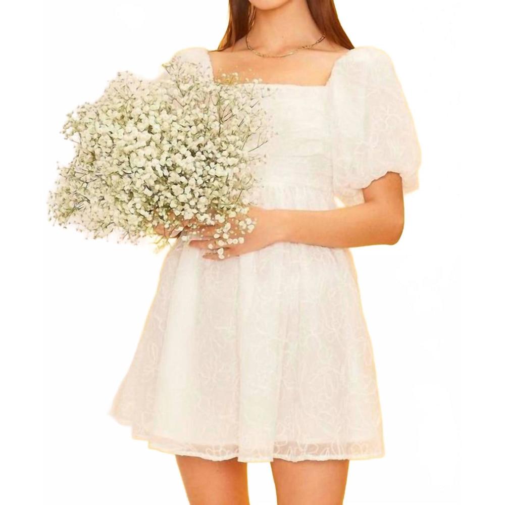 NEW MAIN STRIP floral emb puff sleeve babydoll dress in white